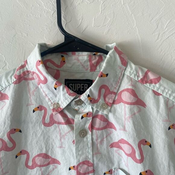 Super Massive Men Mint Green pink flamingo short sleeve button down shirt - Picture 2 of 8